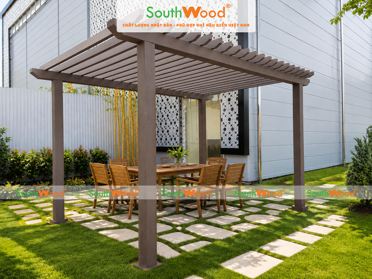 Công trình giàn pergola sử dụng lam trụ gỗ nhựa ngoài trời Southwood
