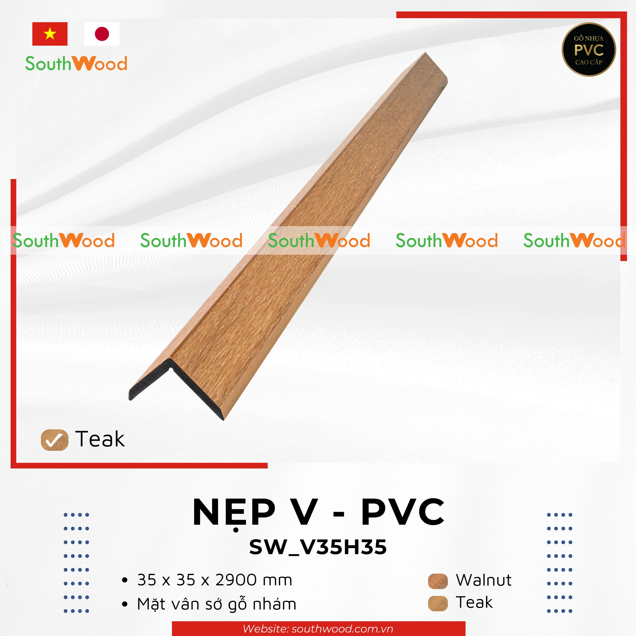 SW_V35H35 Teak Nẹp V - PVC gỗ nhựa Southwood màu Teak mã SW_V35H35 bề mặt vân thớ gỗ nhám