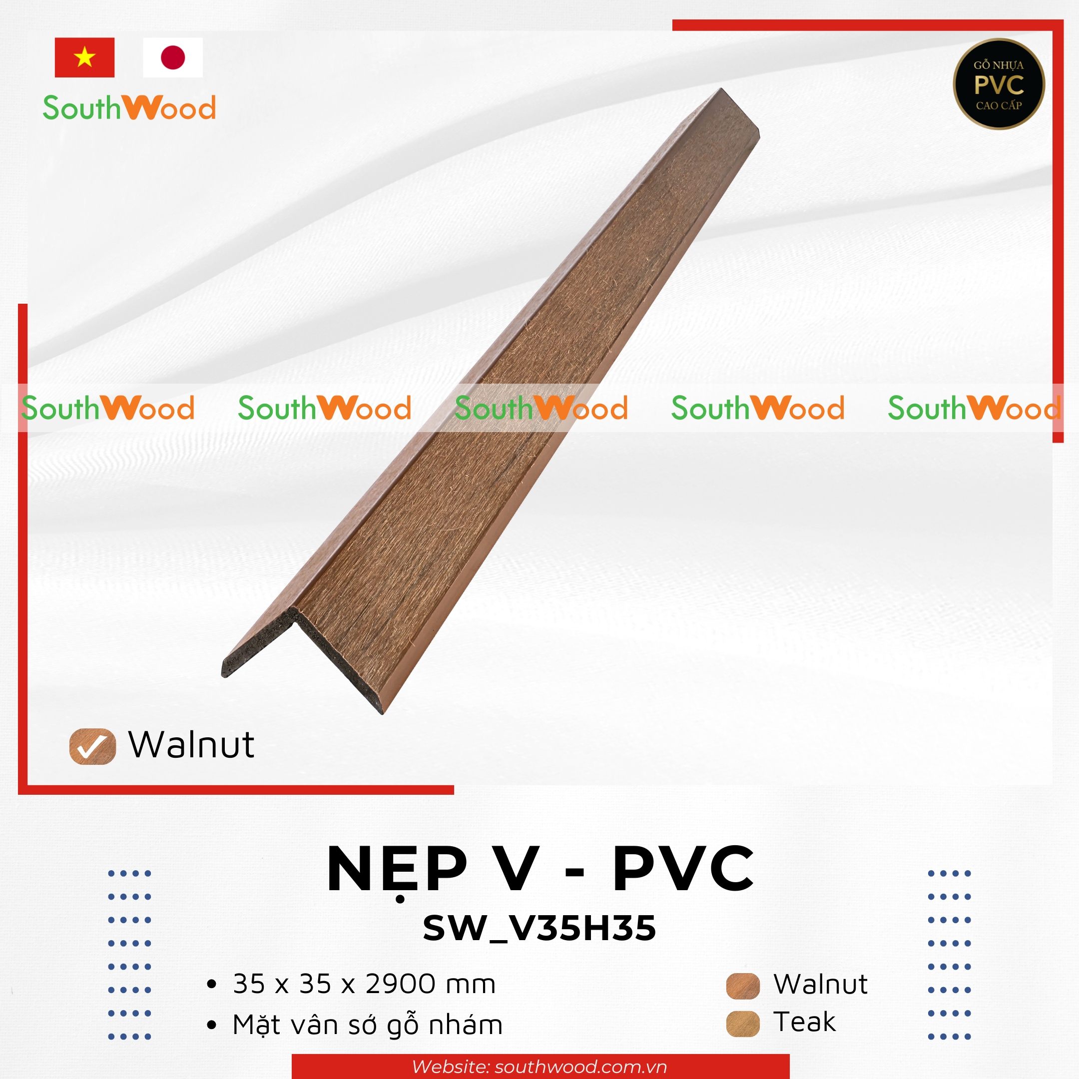 SW_V35H35 Walnut Nẹp V - PVC gỗ nhựa Southwood màu Walnut mã SW_V35H35 bề mặt vân thớ gỗ nhám