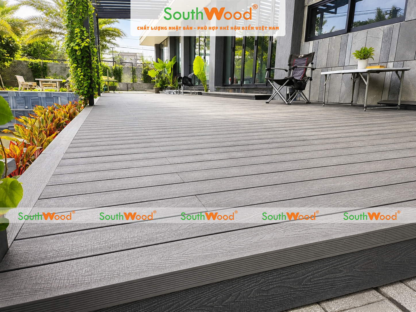 Công trình sàn hồ bơi sử dụng sàn gỗ nhựa ngoài trời 1 da Southwood vân gỗ 3D mã SW_D146H25_3D màu Deep Grey