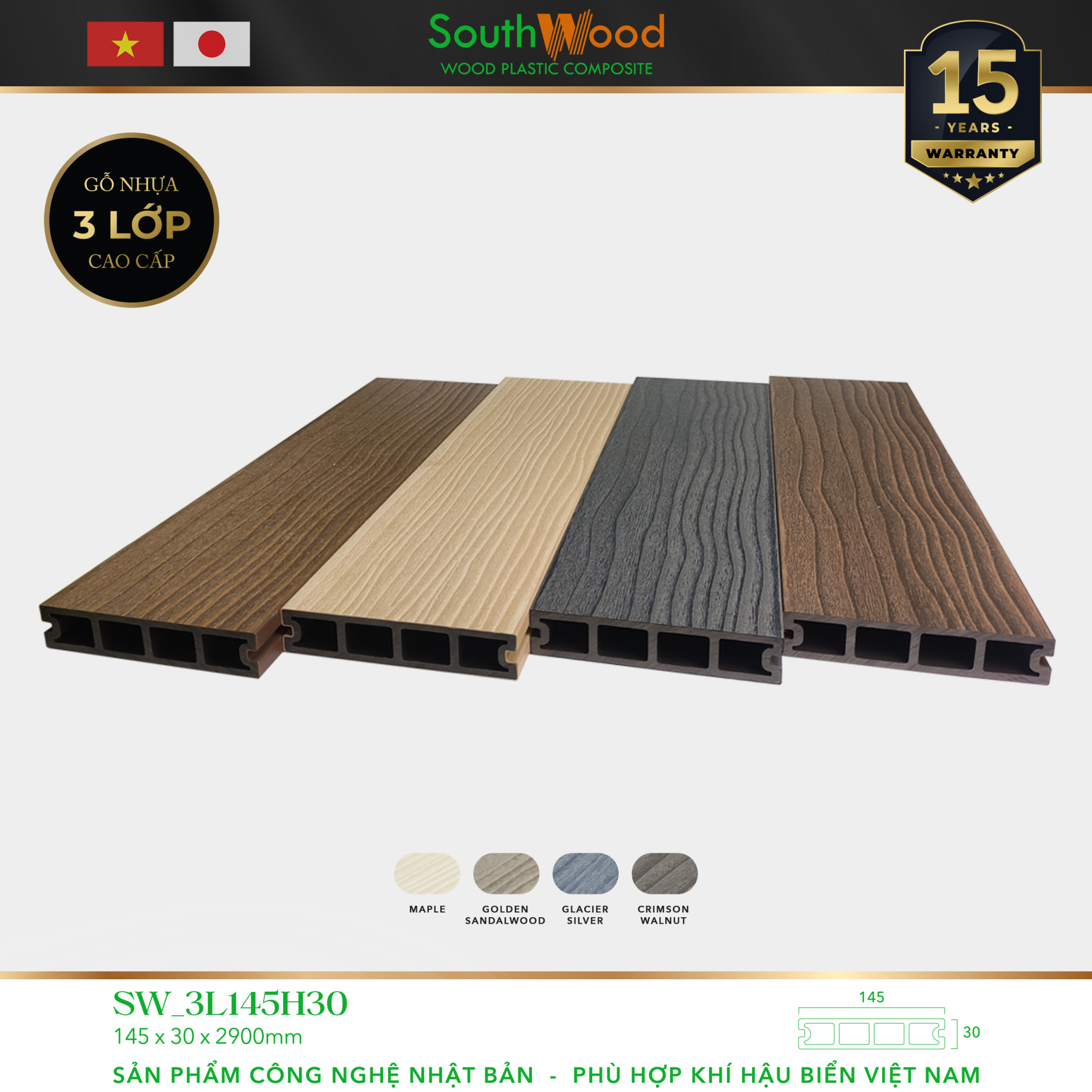 Sàn gỗ nhựa ngoài trời 3 lớp SW_3L145H30