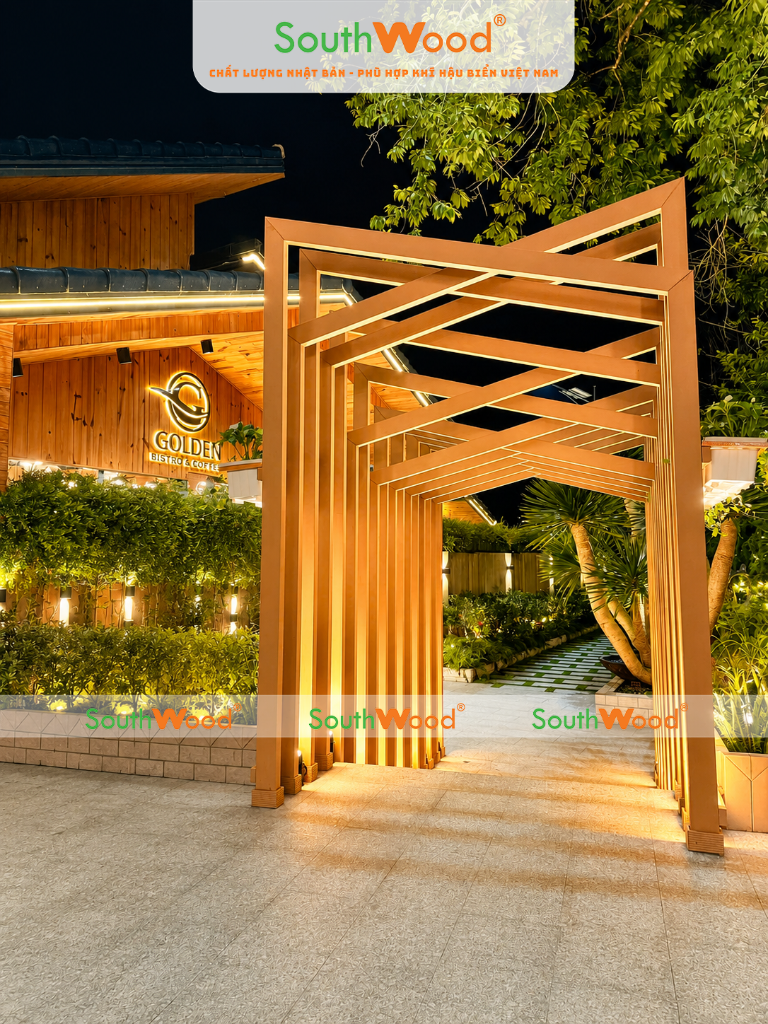 Thiết kế cổng chào trang trí bằng Lam 100H52 Southwood gỗ nhựa ngoài trời tại quán Cafe
