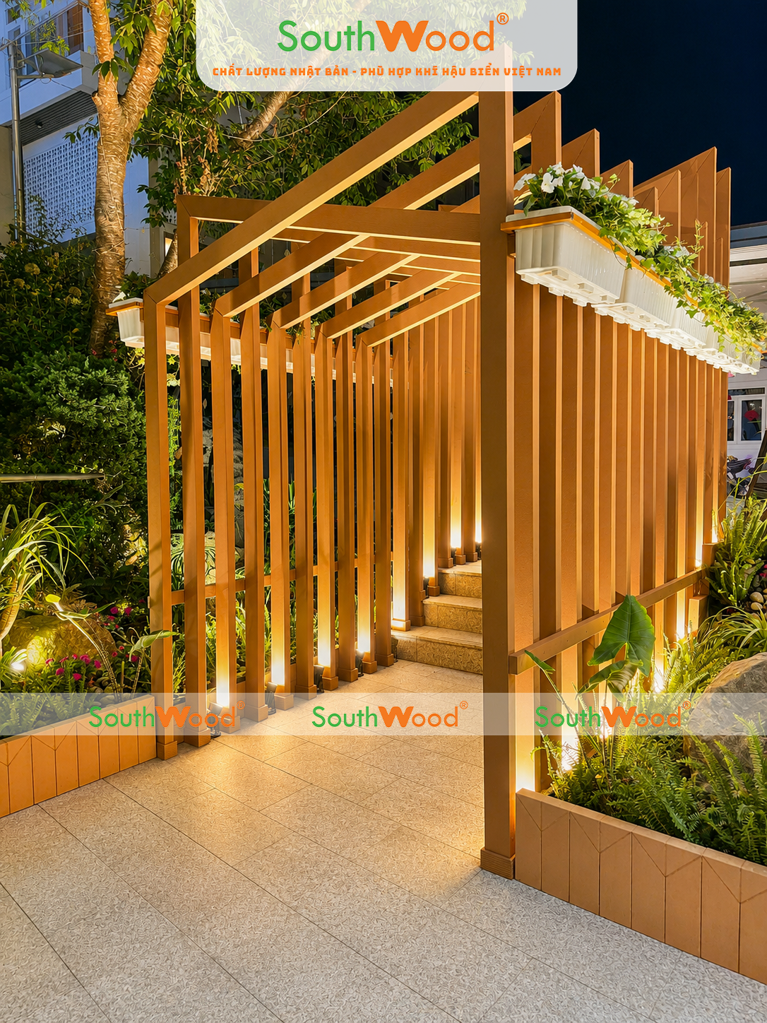 Thiết kế cổng chào trang trí bằng Lam 100H52 Southwood gỗ nhựa ngoài trời tại quán Cafe