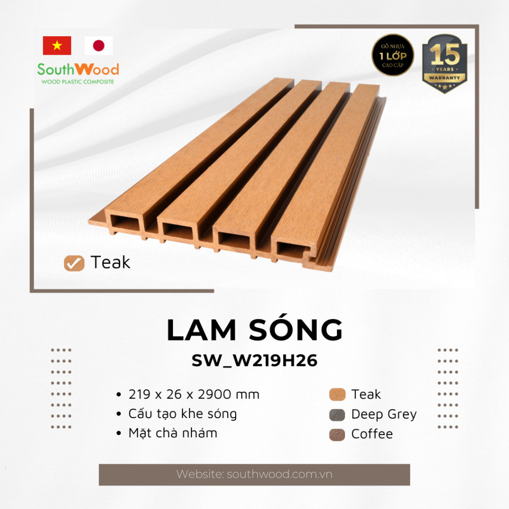 Tấm ốp Lam sóng gỗ nhựa ngoài trời 1 lớp - Teak