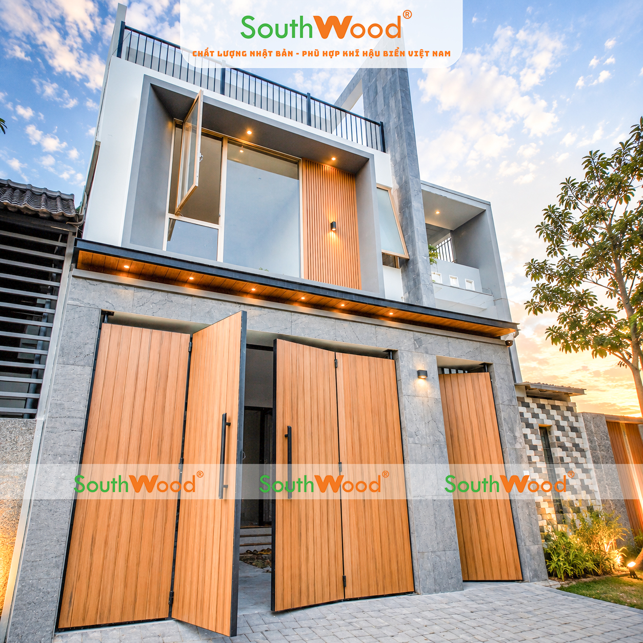 Ốp cổng PVC phủ ASA Teak