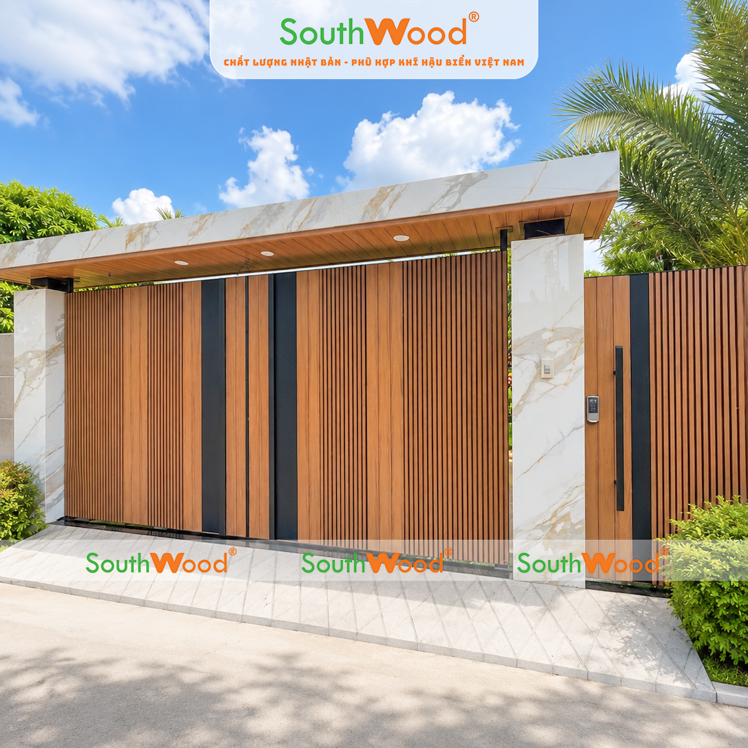 Công trình cổng nhà vườn ốp tấm ốp lam sóng và ốp 3D Gỗ nhựa PVC Southwood