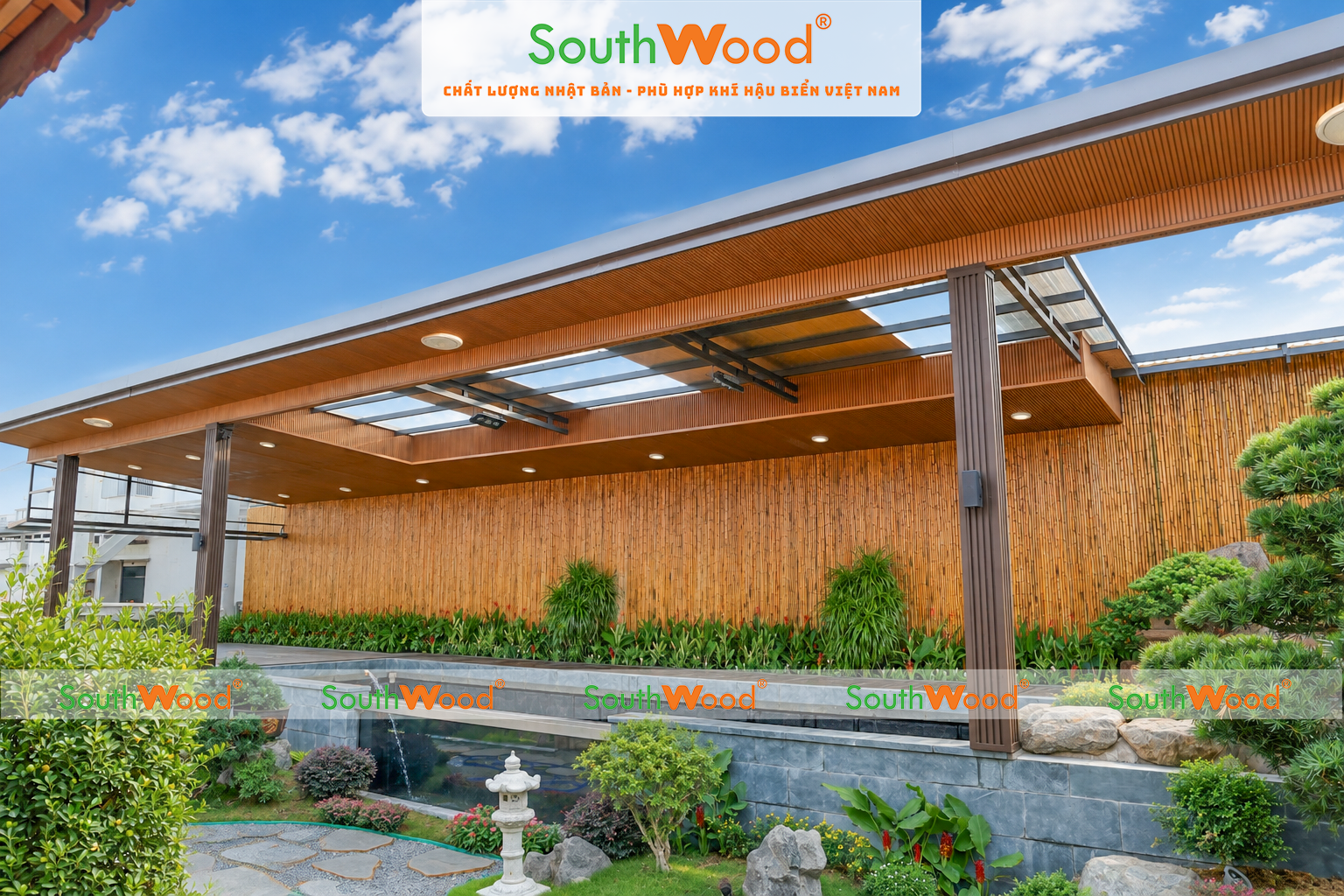 Công trình ốp lam sóng PVC Gỗ nhựa ngoài trời Southwood, trang trí hồ cá koi