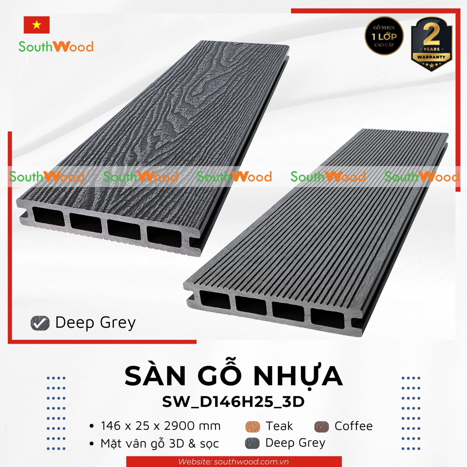 Sàn gỗ nhựa ngoài trời 1 da Southwood vân gỗ 3D