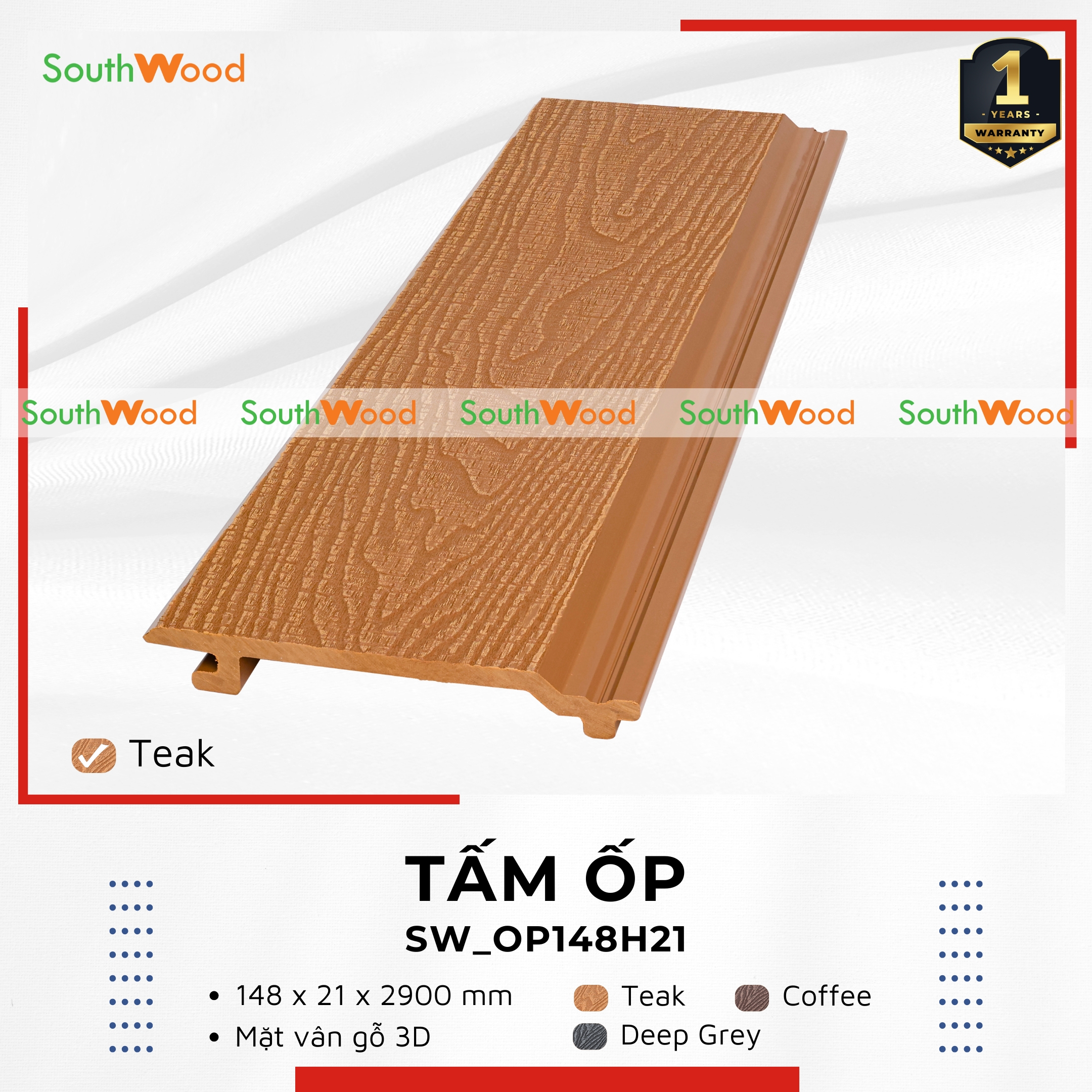 SW_OP148H21 Teak Tấm ốp trần gỗ nhựa ngoài trời Southwood SW_OP148H21 Teak