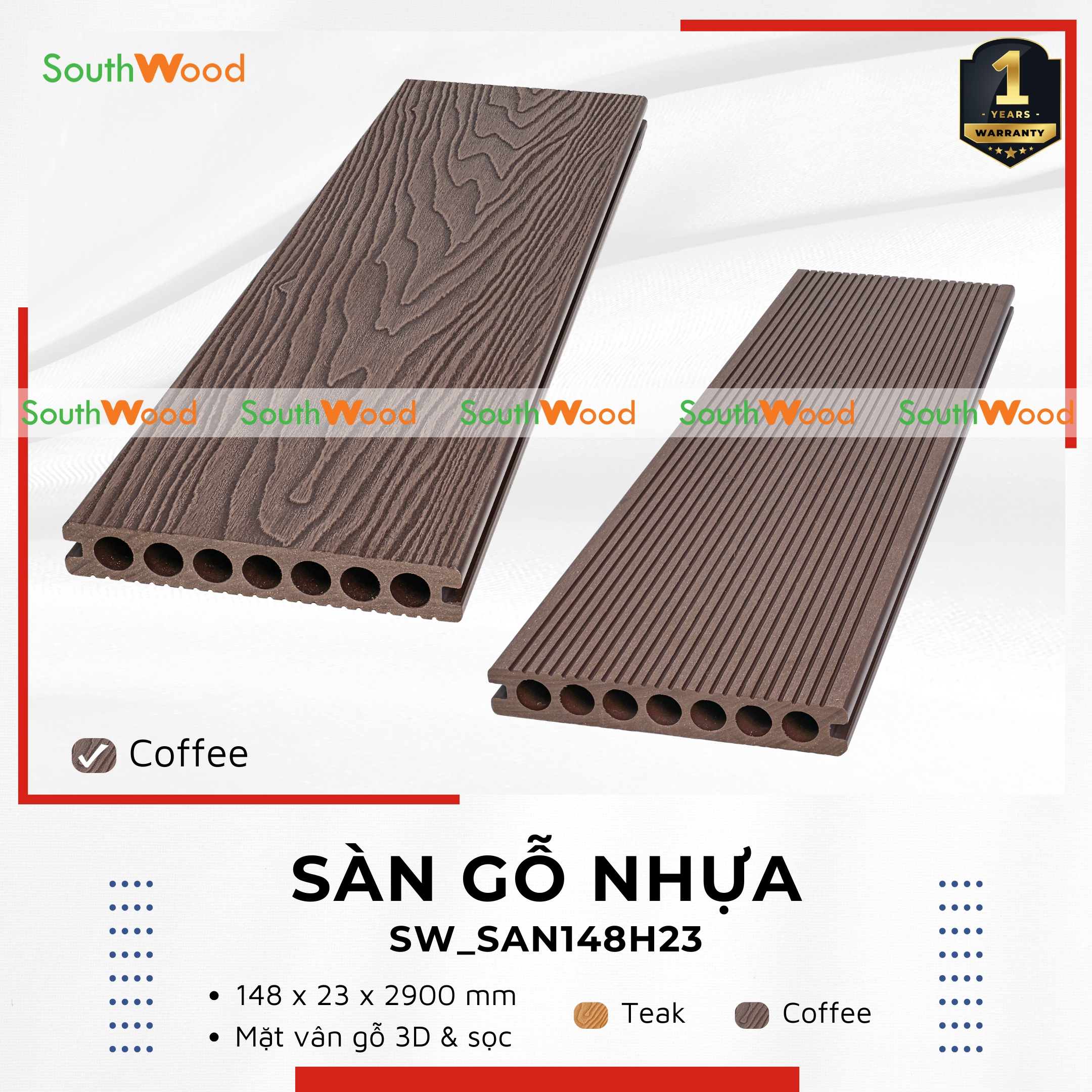SW_SAN148H23 Coffee Sàn gỗ nhựa ngoài trời 1 da Southwood vân gỗ 3D