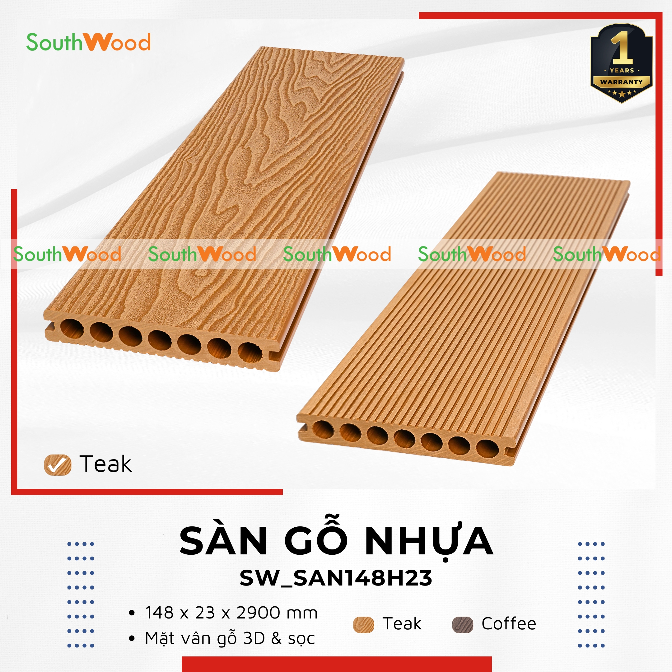 SW_SAN148H23 Teak Sàn gỗ nhựa ngoài trời 1 da Southwood vân gỗ 3D